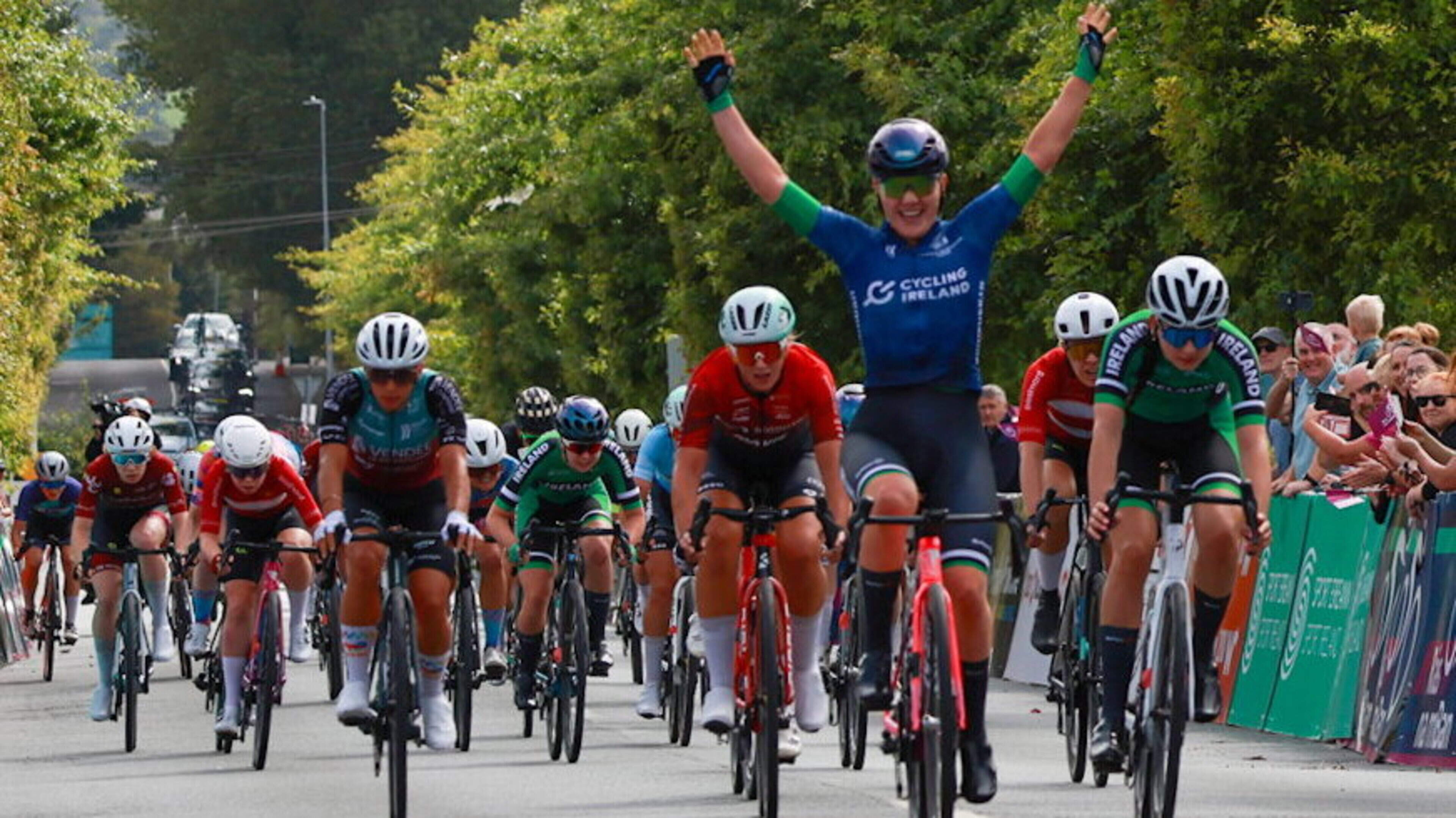 Crowds watch Rás na mBan cyclists cross the finish line of tough Wexford stage